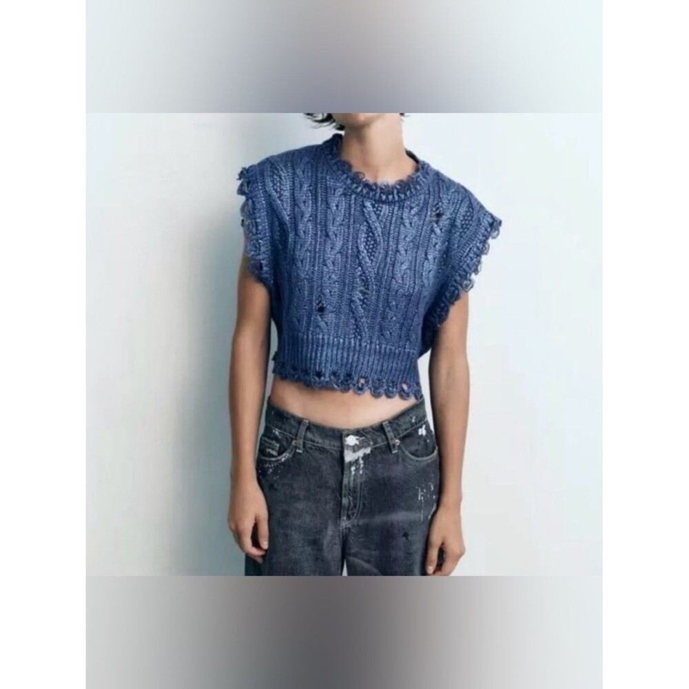 Zara Metallic Cable Knit Distressed Cropped Vest - Blue - Size S